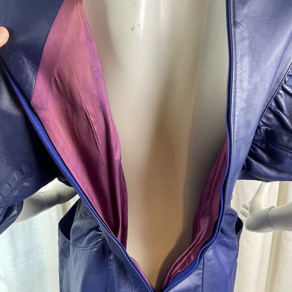 80s Glam Womens Real Leather Dress Navy Blue Ruched Size 9 Glam Rock Dress - Picture 9 of 16
